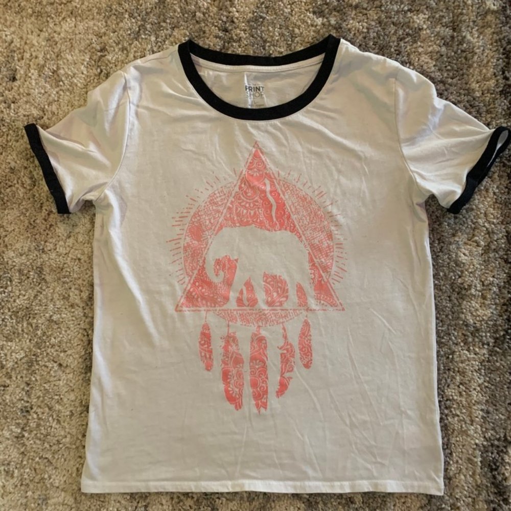 White Boho Elephant Pink Feather Tee Shirt Large